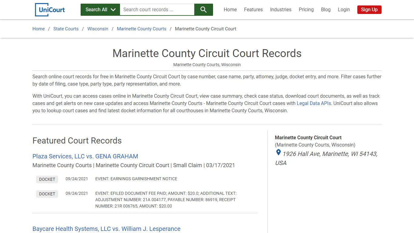 Marinette County Circuit Court Records | Marinette | UniCourt